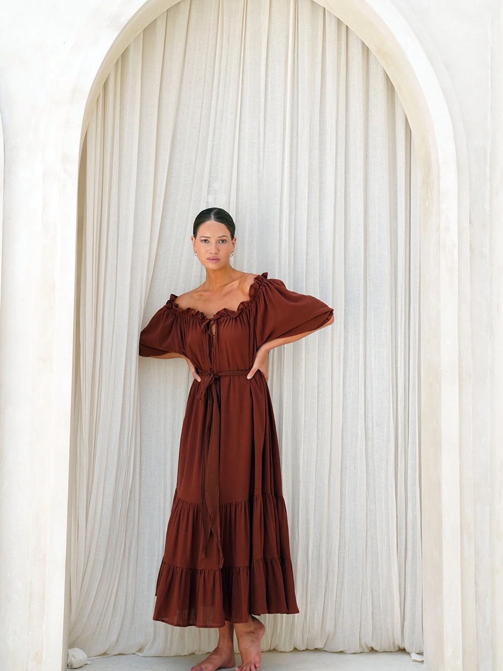 Hazel & Folk Emmaline Gown Espresso Peasant Maxi Dress - Timeless Style NWT